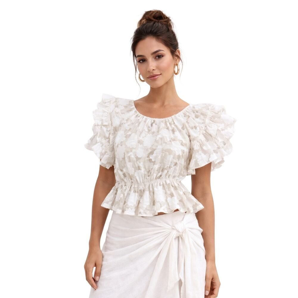 GRACIA Women's Floral Flutter Sleeve Peplum Sheer Blouse/Top Ivory Size Medium